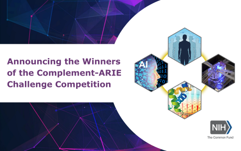 Blue and purple patterned background with a white and white rectangle overlaying the pattern. Image representing in silico, in vitro, in chemico, and AI is shown on the right. Text reads: “Announcing the Winners of the Complement-ARIE Challenge Competition. The NIH logo is shown in the bottom right corner. 