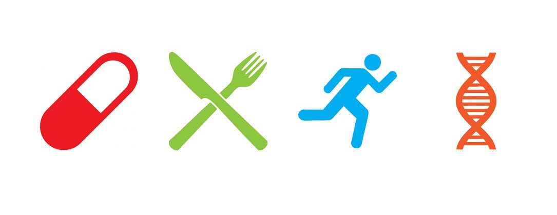 Icons of pill, utensils, running, and DNA