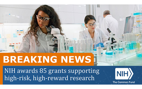Scientists in the lab. Text reads: Breaking News NIH Awards 85 grants supporting high-risk, high-reward research.